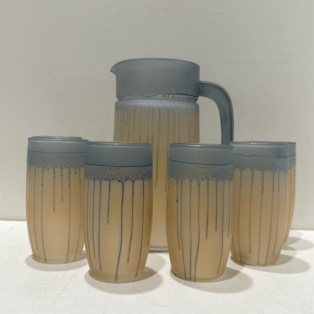 FROSTED ART GLASS PITCHER & SIX GLASSES (Vintage) Art Nouveau, Handpainted